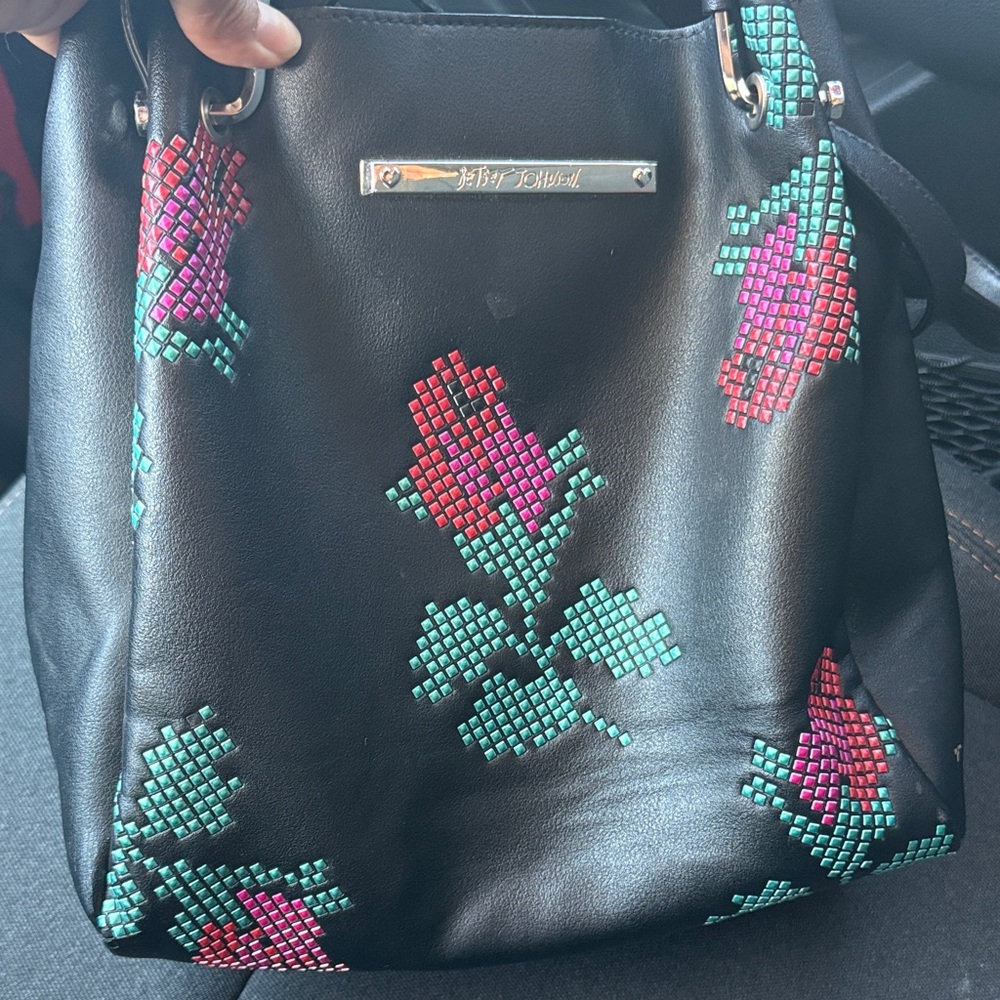 Betsey Johnson Black Bag with Pink and Green Floral Design